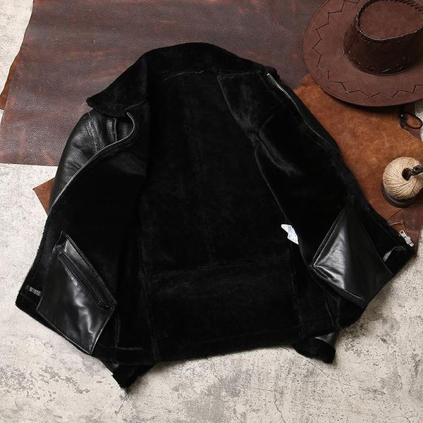 

men's leather & faux akoosun genuine jacket men real fur coat winter flight shearling sheepskin wool lining jackets j4976, Black