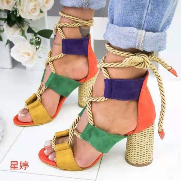 

large size sandals color matching strap high heels women's 35-43, Black