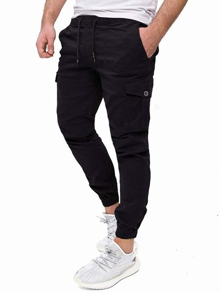 

men drawstring waist side flap pocket cargo pants z9ti#, Black