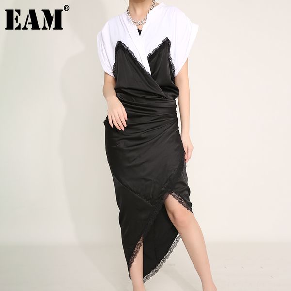 

[eam] women blue irregular split joint temparment dress v-neck short sleeve loose fit fashion spring summer 1u31501 21512, Black;gray