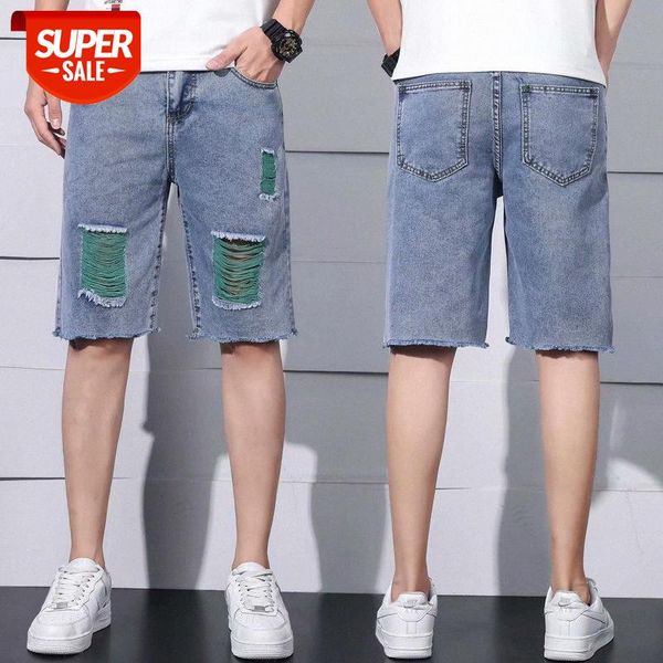 

thin ripped hole color matching denim shorts men's loose straight leg and women's casual students' five-point pants #op3b, Blue