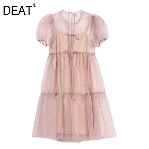 

[deat] summer fashion a-line solid color short sleeve beading knee-length round neck elegant dress women 13q564 210527, Black;gray