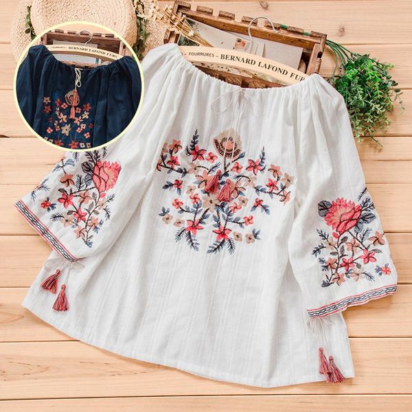 

women's blouses & shirts vintage emrboidery women blouse summer 2021 slash neck half sleeved loose tassel casual all match female pulls, White