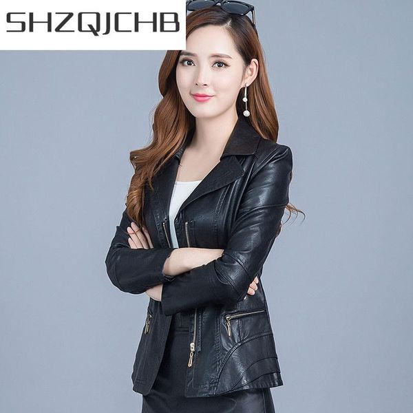 

women's leather & faux shzq est fashion 2021 spring autumn pu jacket large size of female clothing 5xl elegant slim coat lwl386, Black