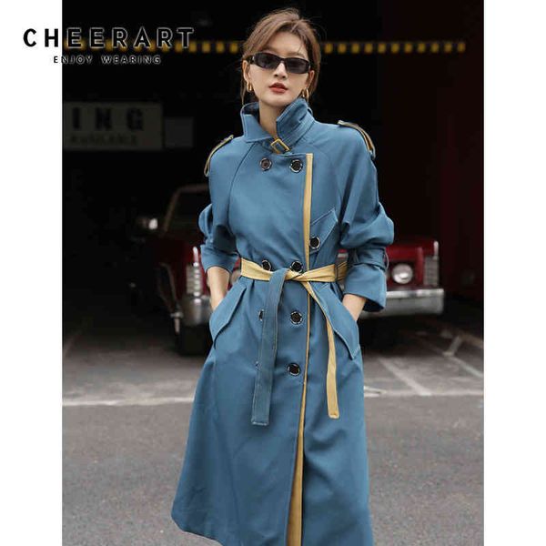 

blue double breasted trench coat women winter long s and jackets windbreaker belted trenchcoat outerwear 210427, Tan;black