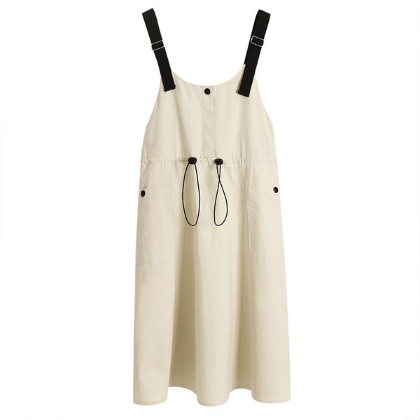 

apricot black light green strapless sleeveless pocket drawstring knee length dress d1689 210514, Black;gray