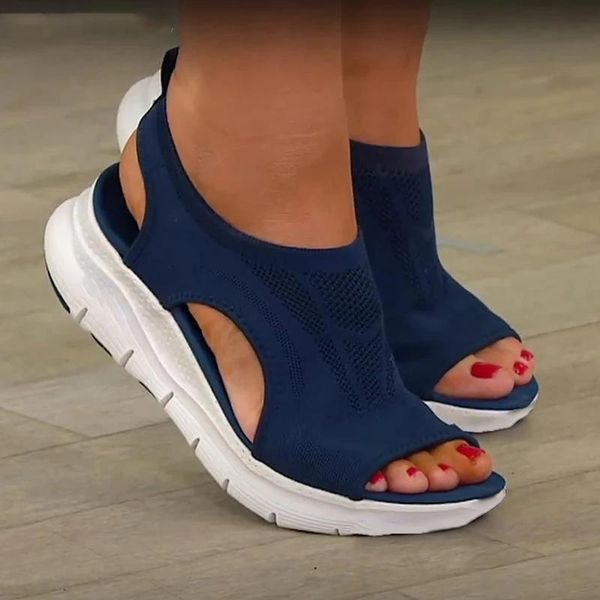 

sandals women solid color hollow out mesh casual flats ladies wedge shoes platform open toe sandal slip-on female sandalias, Black