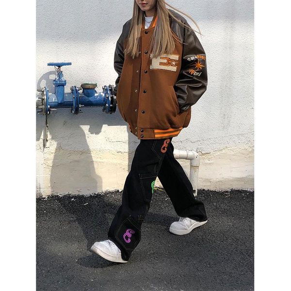 

women's jackets jacket punk stitching letter printed baseball uniform women spring autumn 2021 retro lose fashion streetwear, Black;brown