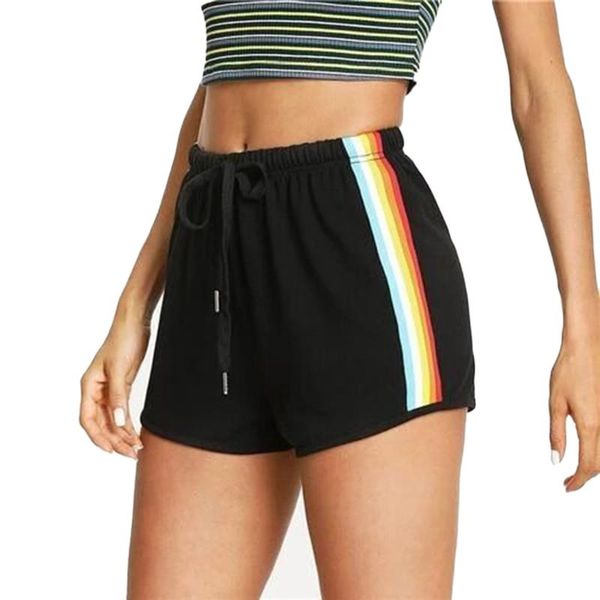 

women's shorts rainbow stripe printing elestic casual active for running drawstring belt gym workout spodenki damskie, White;black