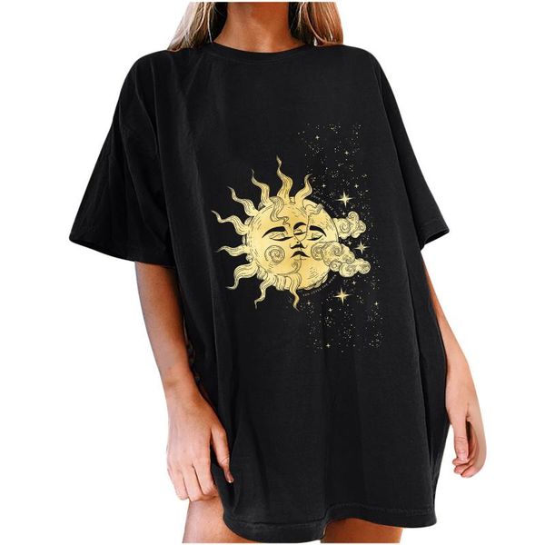 

women's t-shirt oversize summer vintage sun and moon printed casual short sleeve plus size female top, White