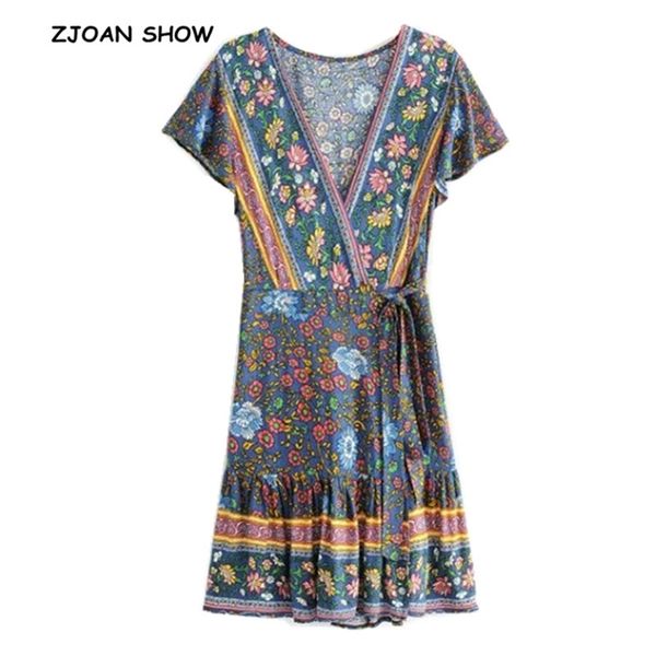 

women bohemian cross v neck floral print wrap dress blue lacing up waist split slim fit short dresses femme vestidos 210429, Black;gray