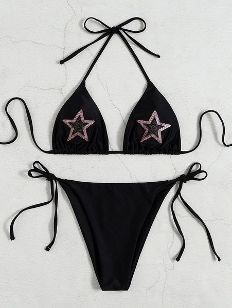 

star decor halter tie side bikini swimsuit i1sr#, White;black