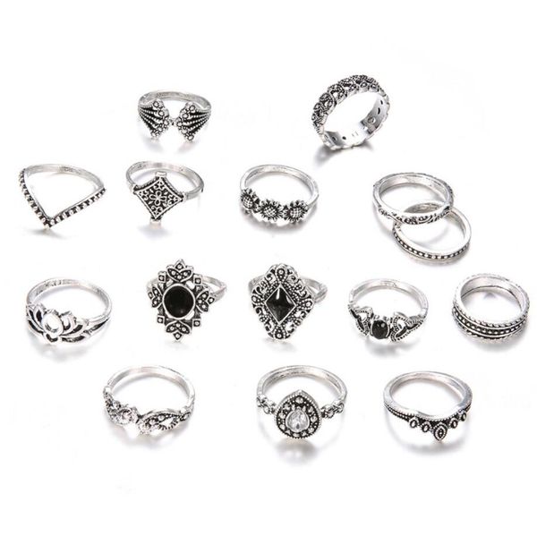 15 pz/set Boemia Argento Antico Colore Corona di Fiori Scava fuori Anelli Intagliati Set Anelli Knuckle per Gioielli da Donna