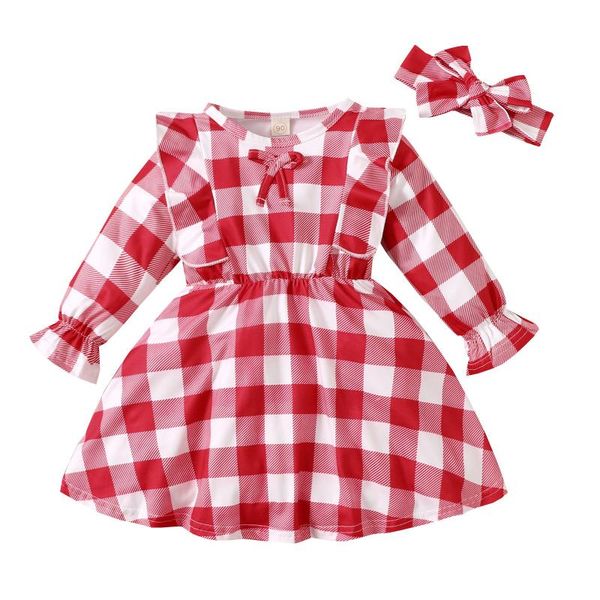 

clothing sets toddler baby girls long sleeve plaid printed ruffles princess dress+headbands, White