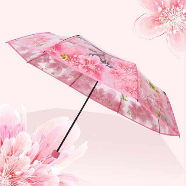 

pink flower pencil umbrella fashion transparent clear folding peach blossom women rain rainproof umbrellas
