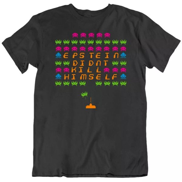 

epstein didn't kill himself parody space invaders conspiracy t shirt, White;black