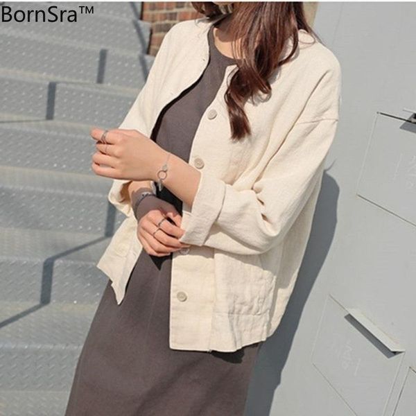 

women's jackets bornsra 2021 summer fall jacket fashionable casual loose pockets outerwear short cotton and linen female, Black;brown