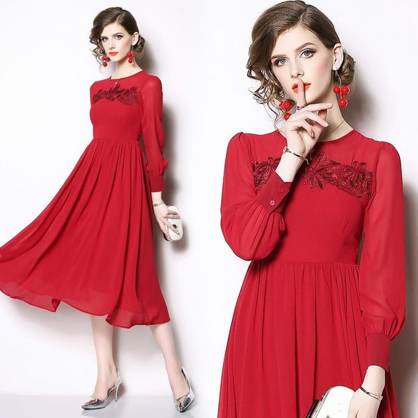 

casual dresses elegant vintage fashion women chiffon slim tunic high waist evening party dress lady long sleeve big swing maxi, Black;gray