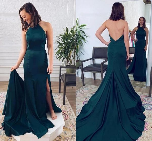 

2022 dark green mermaid prom dresses sleeveless halter side slit sweep train neck formal occasion wear evening party gown custom made plus s, Black