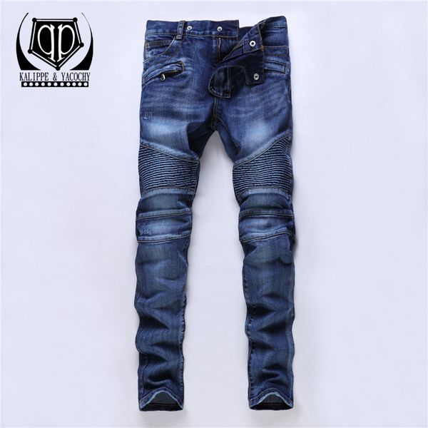 

kalippe yacochy men's classic knee drape panel moto biker men skinny slim male hip hop denim jeans homme 210320, Blue