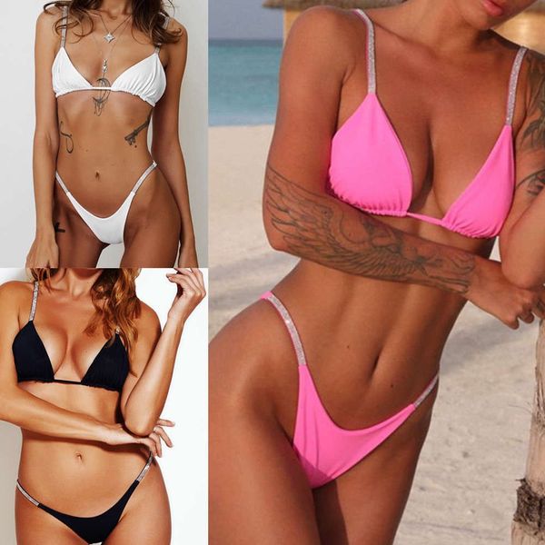 

diamond bikini triangle cup solid color split swimsuit women's, White;black