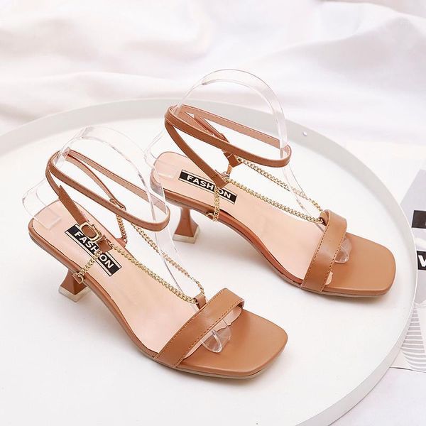 

dress shoes 2021 ankle strap women sandals summer fashion brand heels genuine leather metal chain elegant party, Black