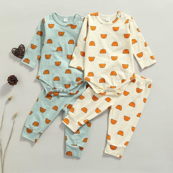 

clothing sets baby boys girls clothes pajama set cartoon bear print round neck long sleeve romper pants spring autumn cotton, White