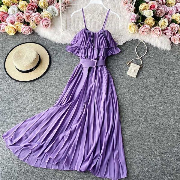 

women purple/pink/red pleated midi dress high waist sleeveless vacation beach dresses with sashes 2020 female robe mujer y0603, Black;gray