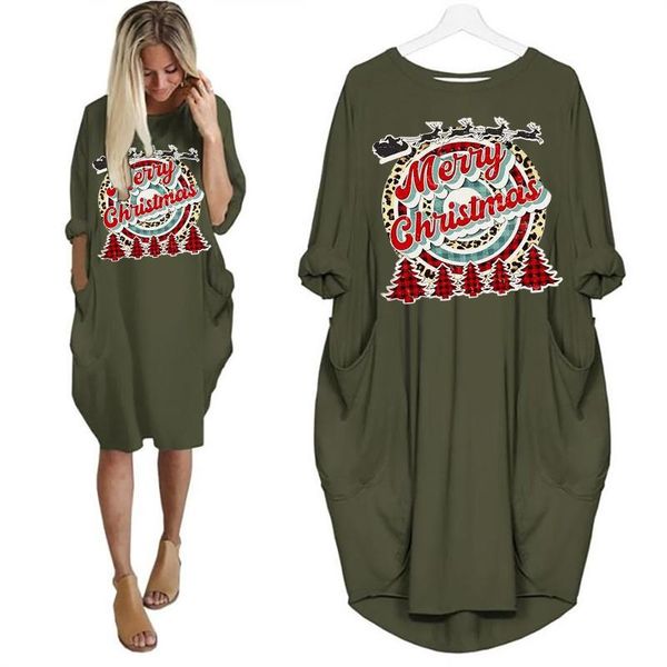 

casual dresses women christmas dress autumn/winter long skirt loose pocket sleeve cute printed in stock #8, Black;gray