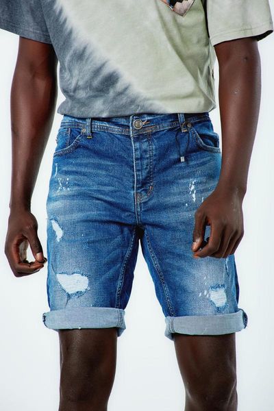 

dark blue men's denim shorts, White;black