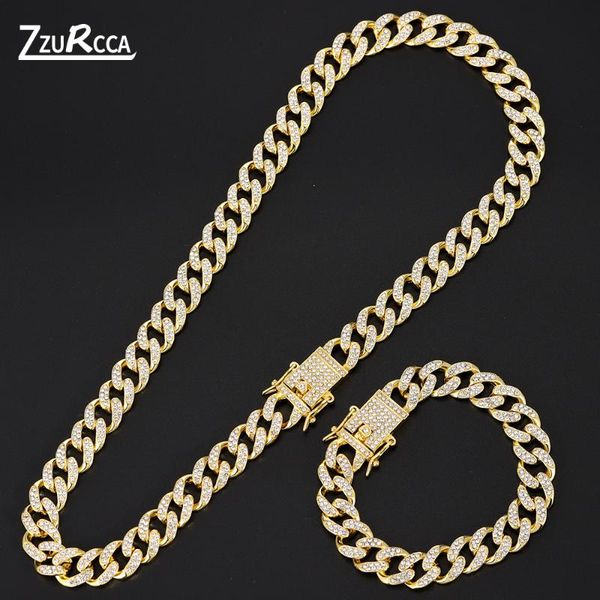 

earrings & necklace hip hop cuban chain iced out man jewelry sets bling rhinestone gold chains bracelet for women parures bijoux, Silver
