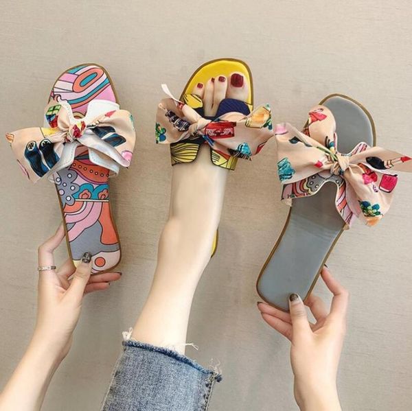 

2021 summer women's shoes new korean style outer wear flat slippers ladies fashion bow flat toe sandals and slippers, Black