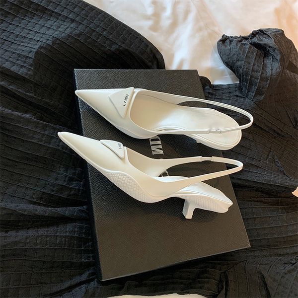

pointed sandals women's v-mouth triangle label kitten heel single shoes 2021 new french back hollow shallow mouth high heel rudd zmm, Black