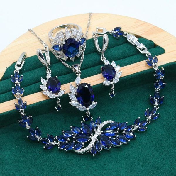Ohrringe Halskette Klassiker Silber Farbe Schmuck Set Für Frauen Royal Blue Zirkon Armband Anhänger Braut Ring Kostenlose Geschenkbox