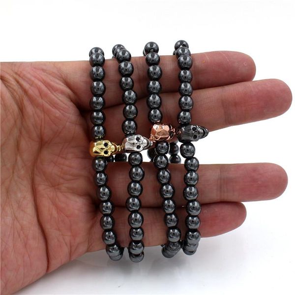 

charm bracelets cz skull bracelet 6mm hematite stone beads for women jewelry men pulseira masculina feminina erkek bileklik pulsera hombre m, Golden;silver