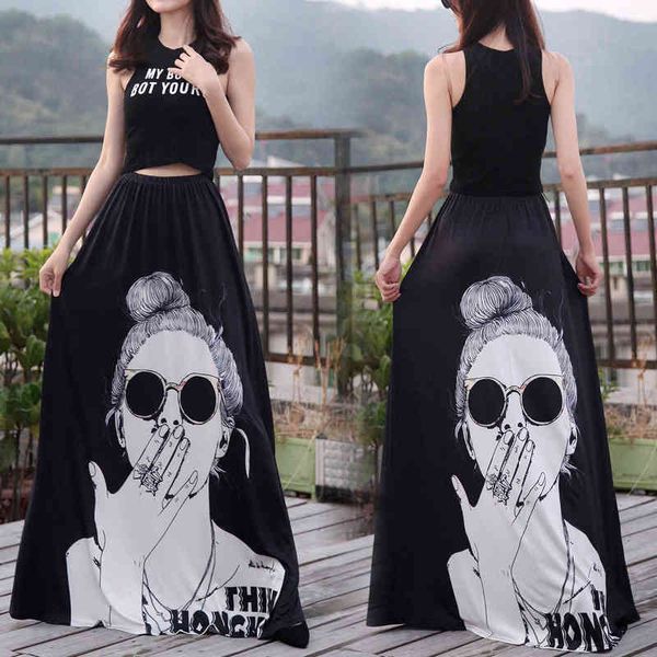 

skirts women's high waist elastic cartoon printed floor skirt, Black