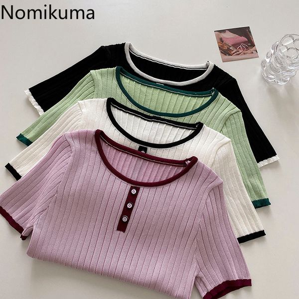 

nomikuma knitted summer contrast color t shirts women o neck short sleeve casual all-match tshirts korean style camisetas 210514, White