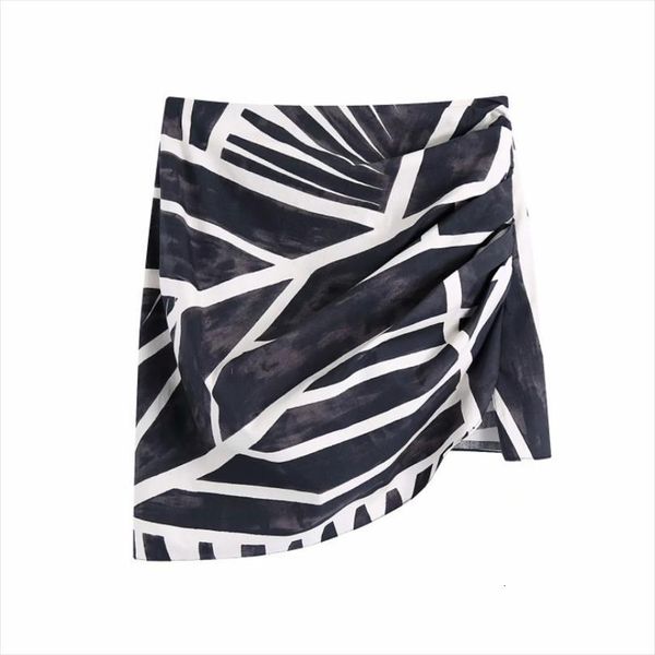 

summer vintage printing pleated womens skirt design asymmetrical mini casual loose clothes p2053, Black