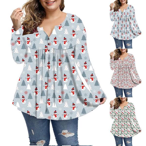 

plus size t-shirt fashion christmas snowman blouse shirt v-neck casual autumn winter ladies female women long sleeve blusas pullover, Black