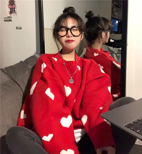 

women's sweaters harajuku winter aesthetics retro girl kawaii sweater red women knitted heart-shaped printed o-neck loose pullover, White;black