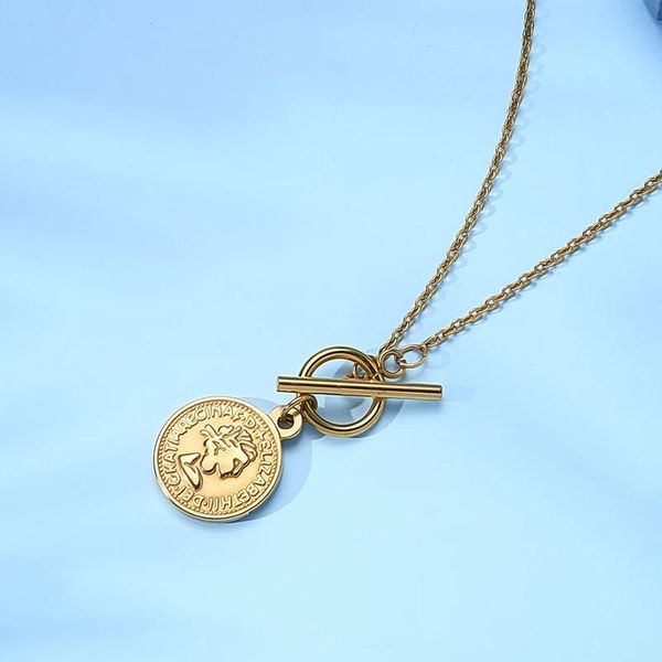 

chokers vintage coin necklace for women stainless steel toggle metal elizabeth medallion pendant choker jewelry collier, Golden;silver