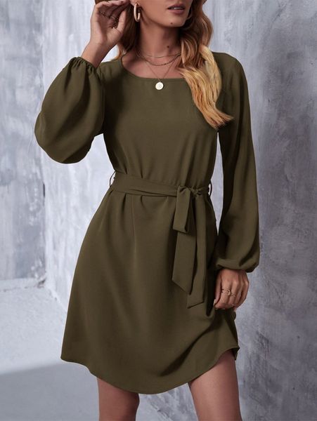 

solid lantern sleeve belted dress 94xw#, Black;gray