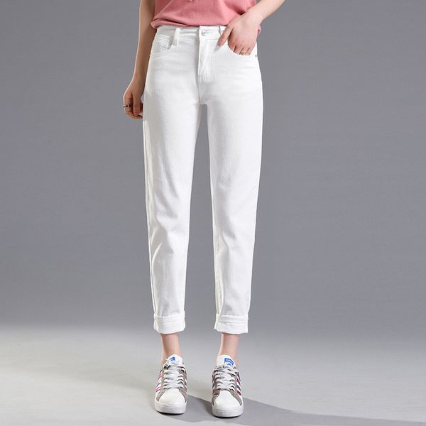 Artı Boyutu Kadının Beyaz Yırtık Kot Erkek Arkadaşı Ayak Bileği Kadın Rahat İlkbahar Yaz Düz Denim Harem Pantolon Pantolon 210428