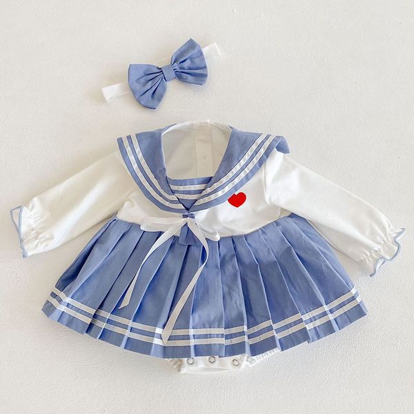 

spring autumn infant baby girls loving heart bowknot bouffancy rompers hair band clothing kids girl long sleeve clothes 210429, Blue