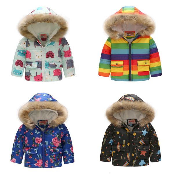 

children's coat winter fashion wear cotton warm clothing boys girls raiow butterfly print hooded children's thick coat, Blue;gray