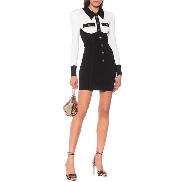 

autumn winter clothes women 2021 runway vintage single breasted long sleeve a-line mini dress knitted sweater casual dresses, Black;gray