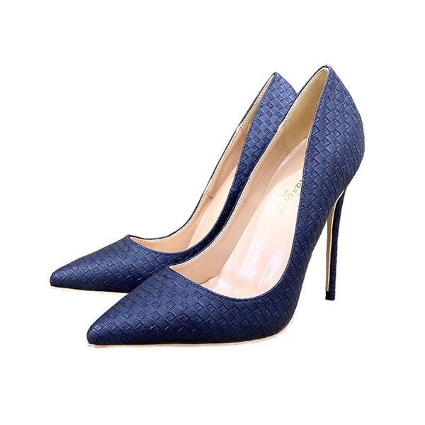 

dress shoes 2021 spring lady deep blue snakeskin type thin high heels shallow mouth 12cm workplace banquet pumps big size us 13 us14, Black