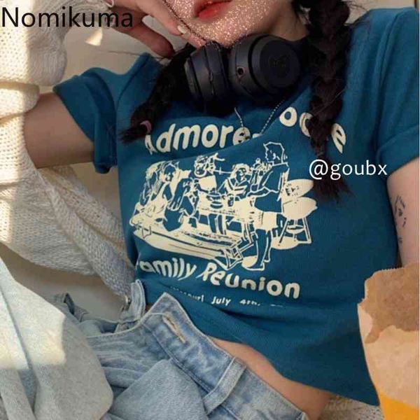 

nomikuma y2k o neck short sleeve vintage printed tshirts women high street casual t shirts summer streetwaer tees 210514, White
