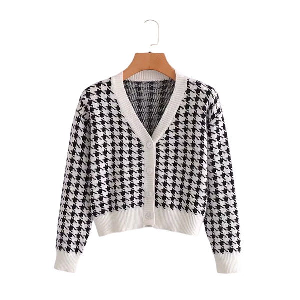

women's knits & tees puwd vintage women houndstooth v neck cardigan 2021 summer fashion ladies long sleeve single breasted knitwear cut, White