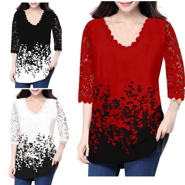 

women's t-shirt plus size loose v-neck female t shirt simple elegant splice lace sleeve office ladies white summer women print tshirt